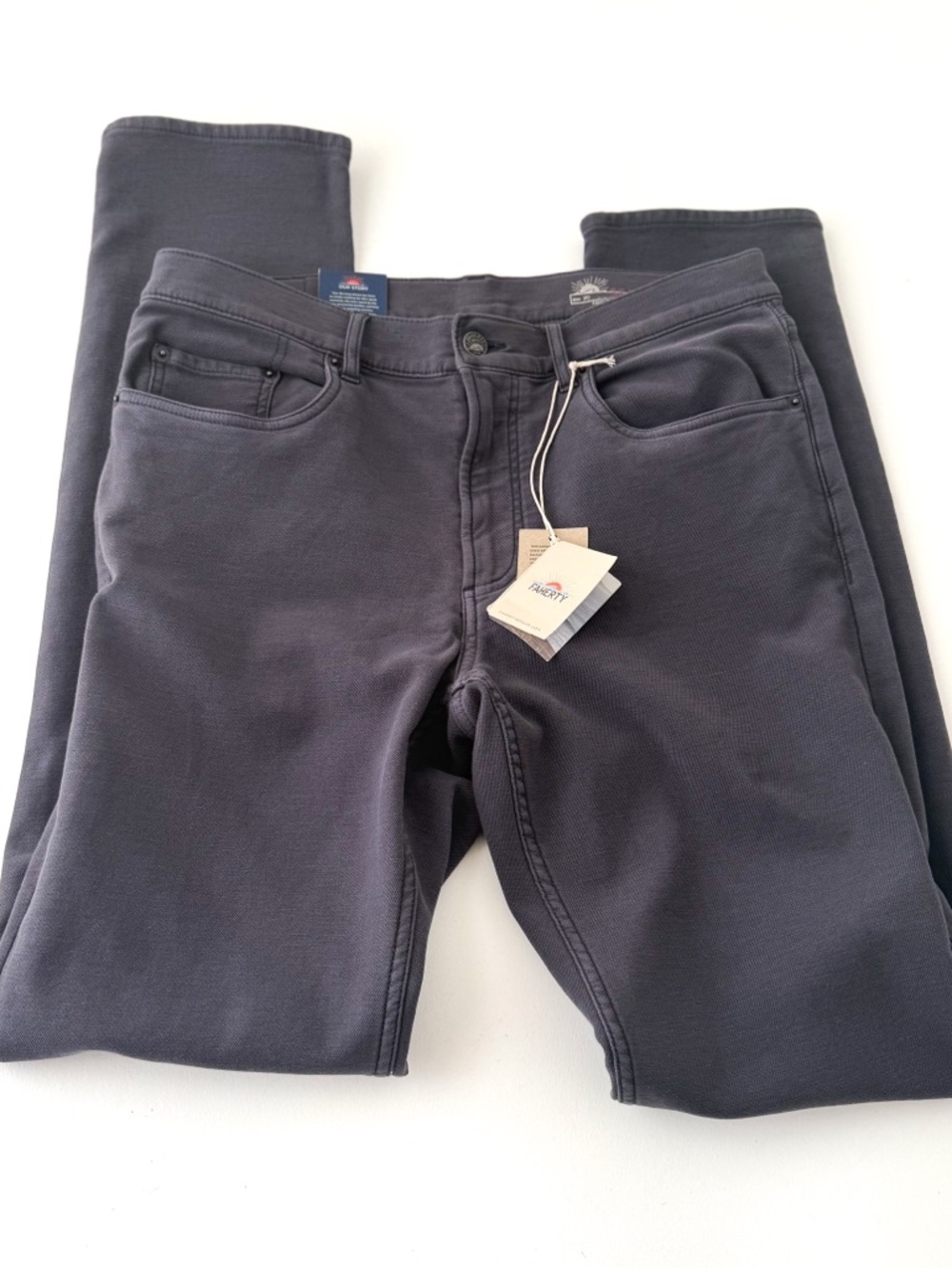 New Faherty Stretch Terry Five Pocket Pants Athletic Mens 33x34 New Blue Gray - Picture 2 of 13